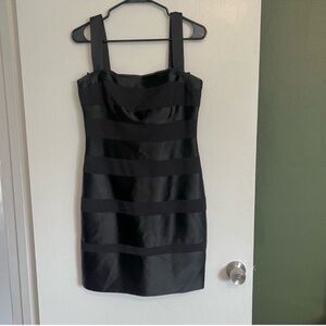 Vintage 90s laundry by Shelli segal black satin stripe little black dress Size 8